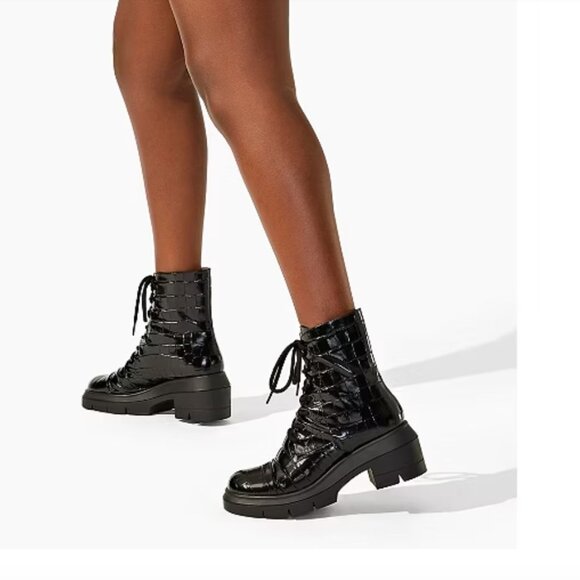 STUART WEITZMAN Nisha Black Croc-Embossed Leather Ankle Boots, Size 7 (EU 37.5) - Picture 2 of 16